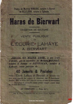 Haras de Bierwart - Vente publique de l'écurie Lahaye - mars 1922