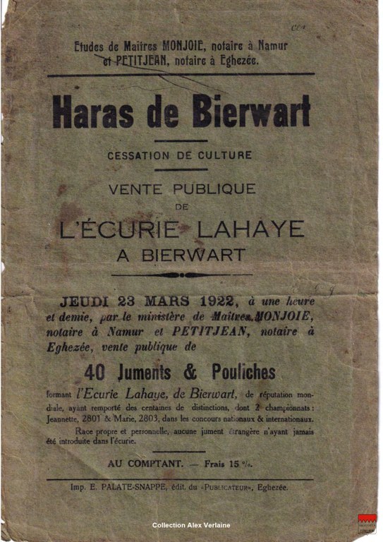 Haras de Bierwart - Vente publique de l'écurie Lahaye - mars 1922