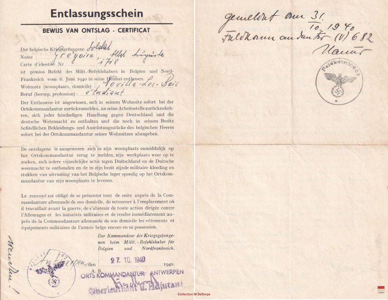 Albert Grégoire - Certificat de décharge