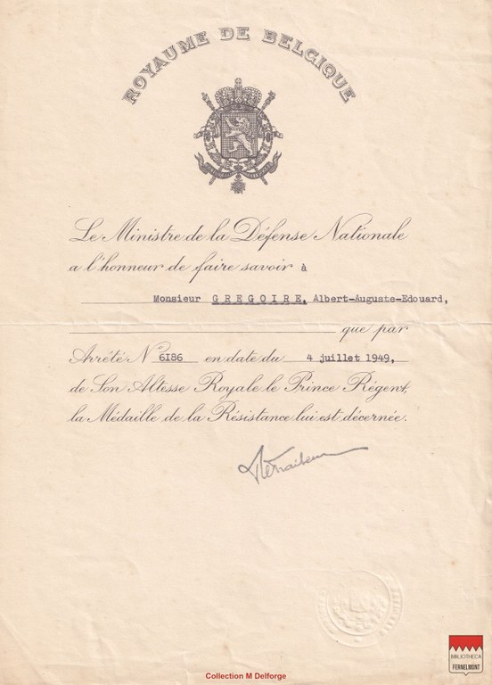 Albert Grégoire - Médaille de la Résistance