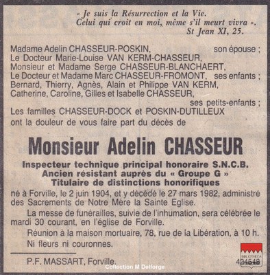 Adelin Chasseur - Faire-part mortuaire  Résistant