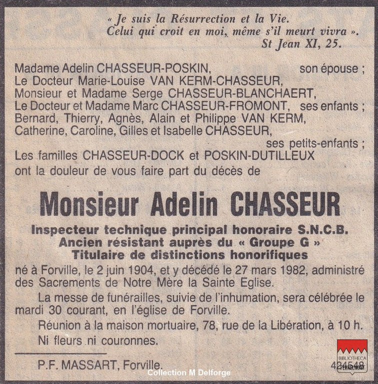 Adelin Chasseur - Faire-part mortuaire  Résistant