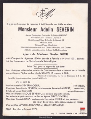 Adelin Severin - Faire-part mortuaire  Résistant