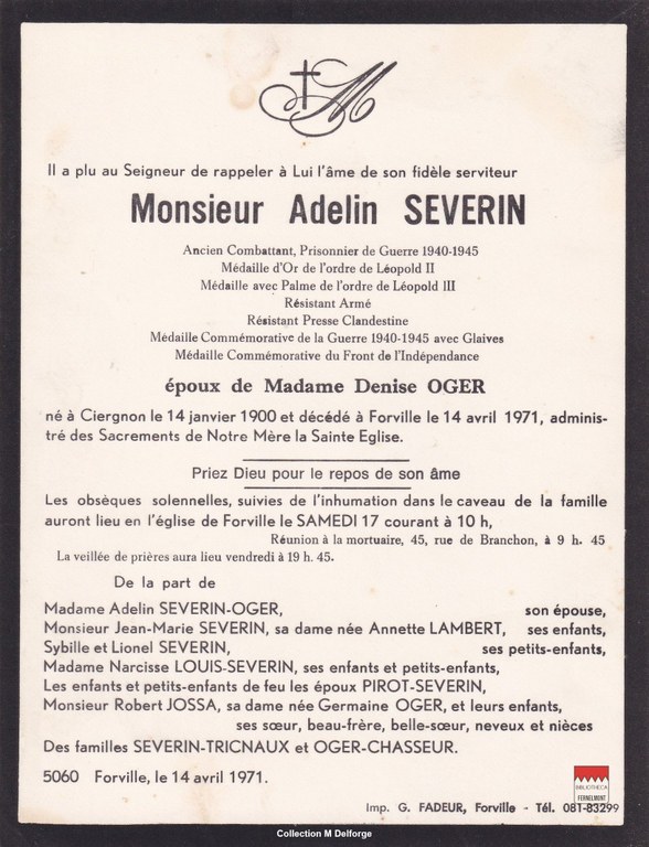 Adelin Severin - Faire-part mortuaire  Résistant