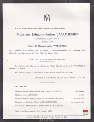 Edmond-Arthur Jacquemin - Faire-part mortuaire  Résistant armé