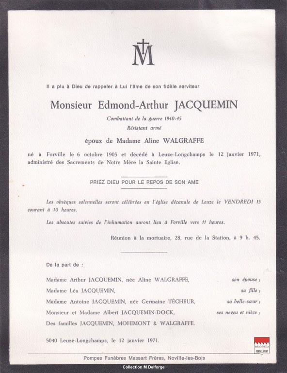 Edmond-Arthur Jacquemin - Faire-part mortuaire  Résistant armé