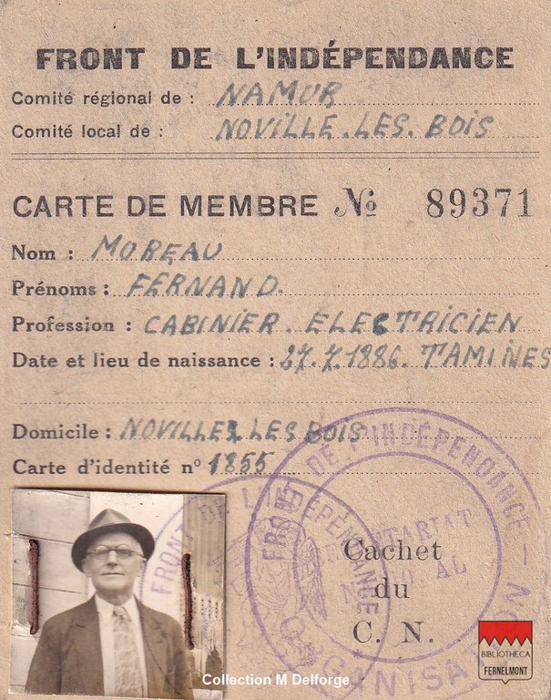 Fernand Moreau - Carte de membre du Front de l'Indépendance