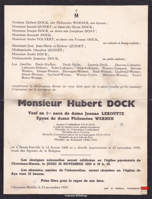 Hubert Dock - Faire-part mortuaire  Médaille du Résistant