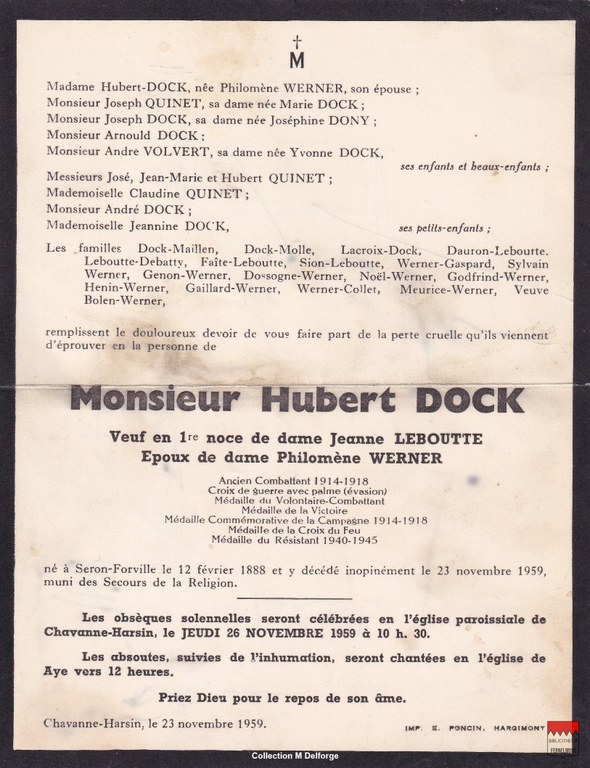 Hubert Dock - Faire-part mortuaire  Médaille du Résistant