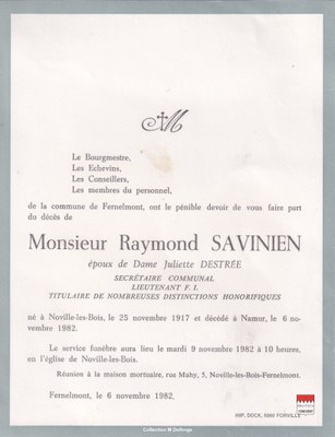 Raymond Savinien - Faire-part mortuaire  Résistant