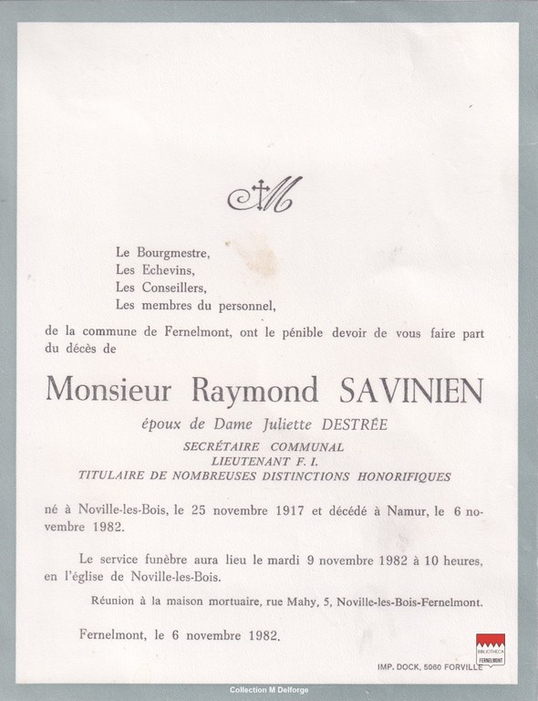 Raymond Savinien - Faire-part mortuaire  Résistant