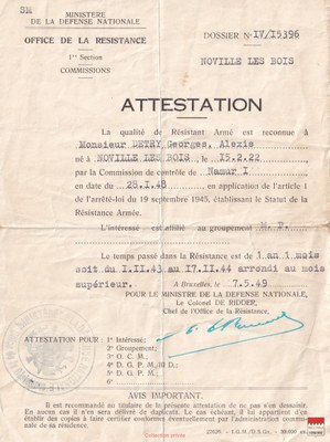 Georges Detry - Attestation de résistant armé