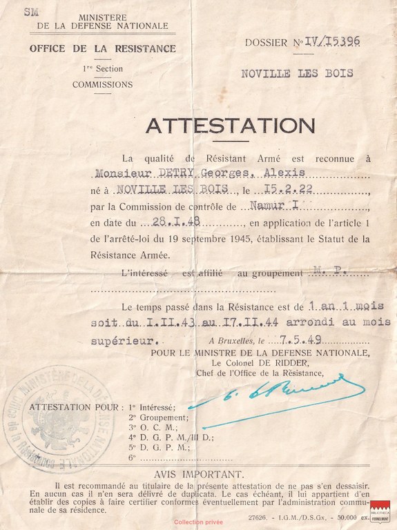 Georges Detry - Attestation de résistant armé
