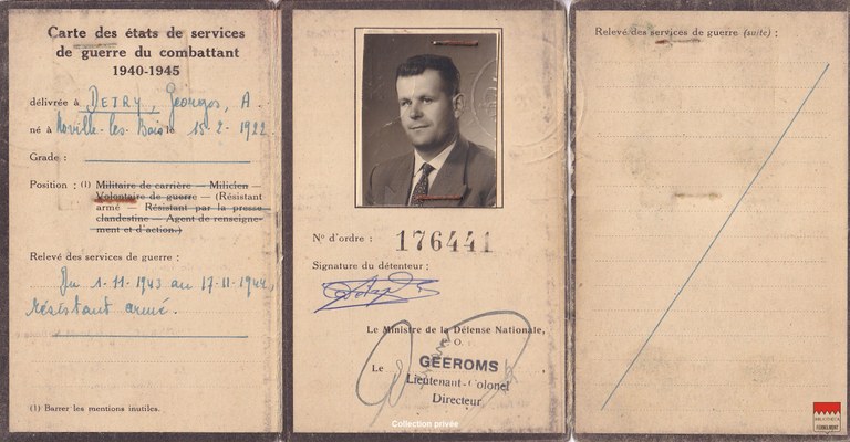 Georges Detry - Carte des états de service du combattants 40-45