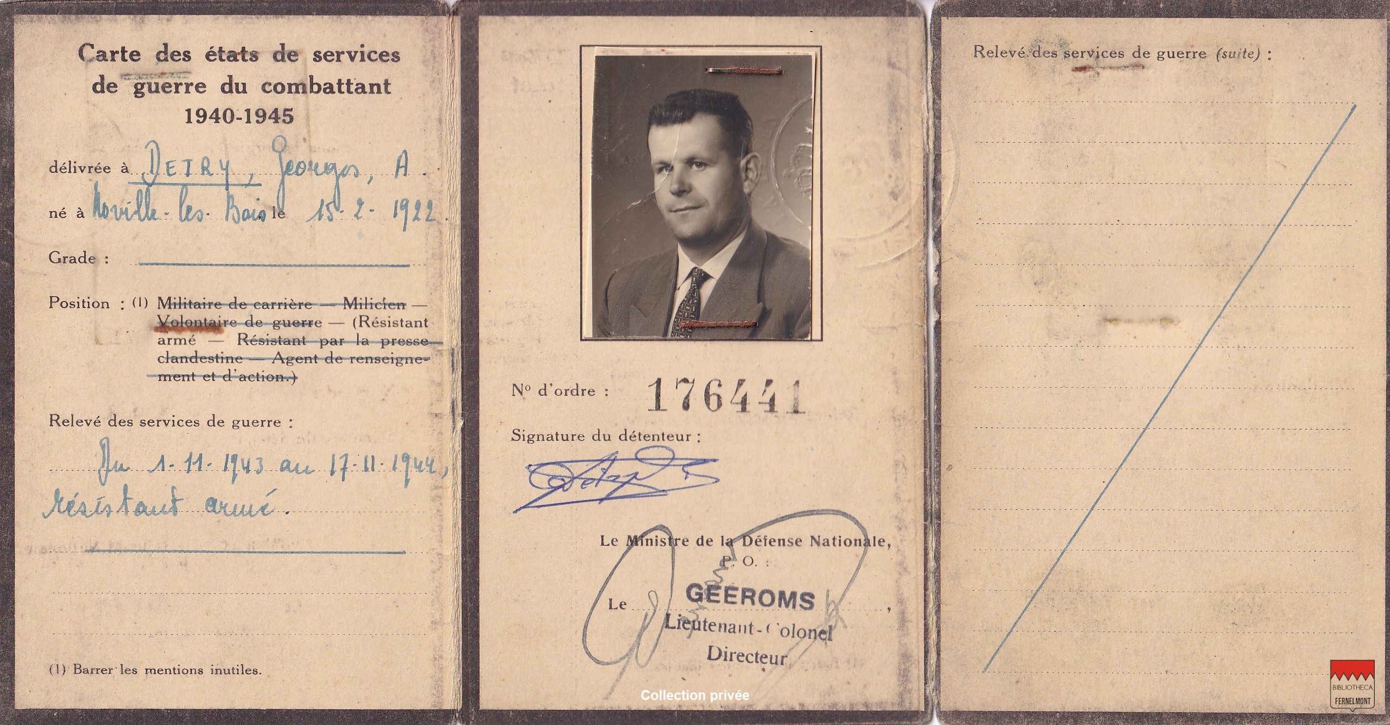 Georges Detry - Carte des états de service du combattants 40-45