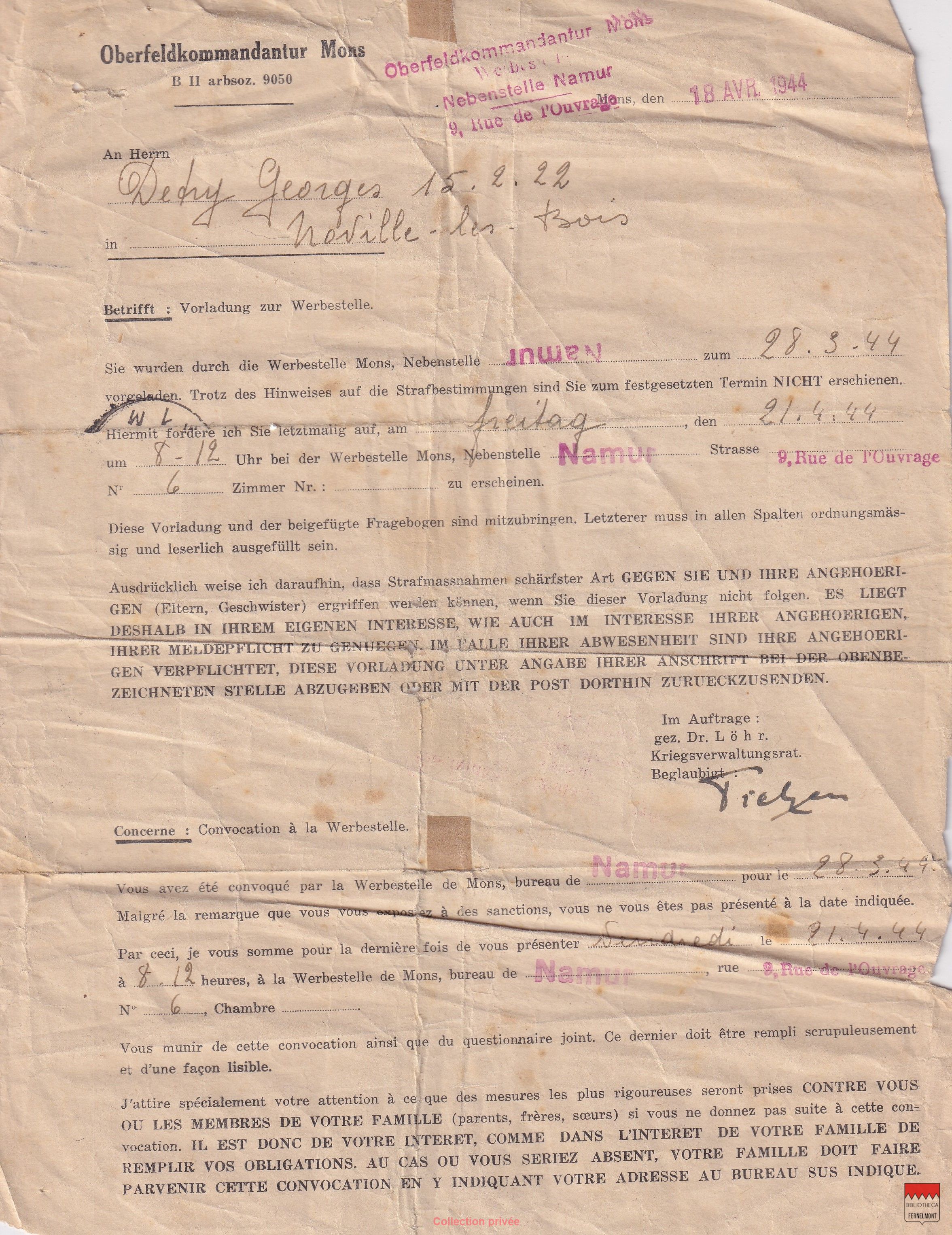 Georges Detry - Convocation de la Werbestelle