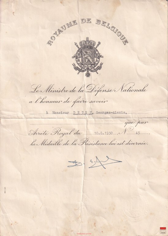 Georges Detry - Médaille de la Résistance