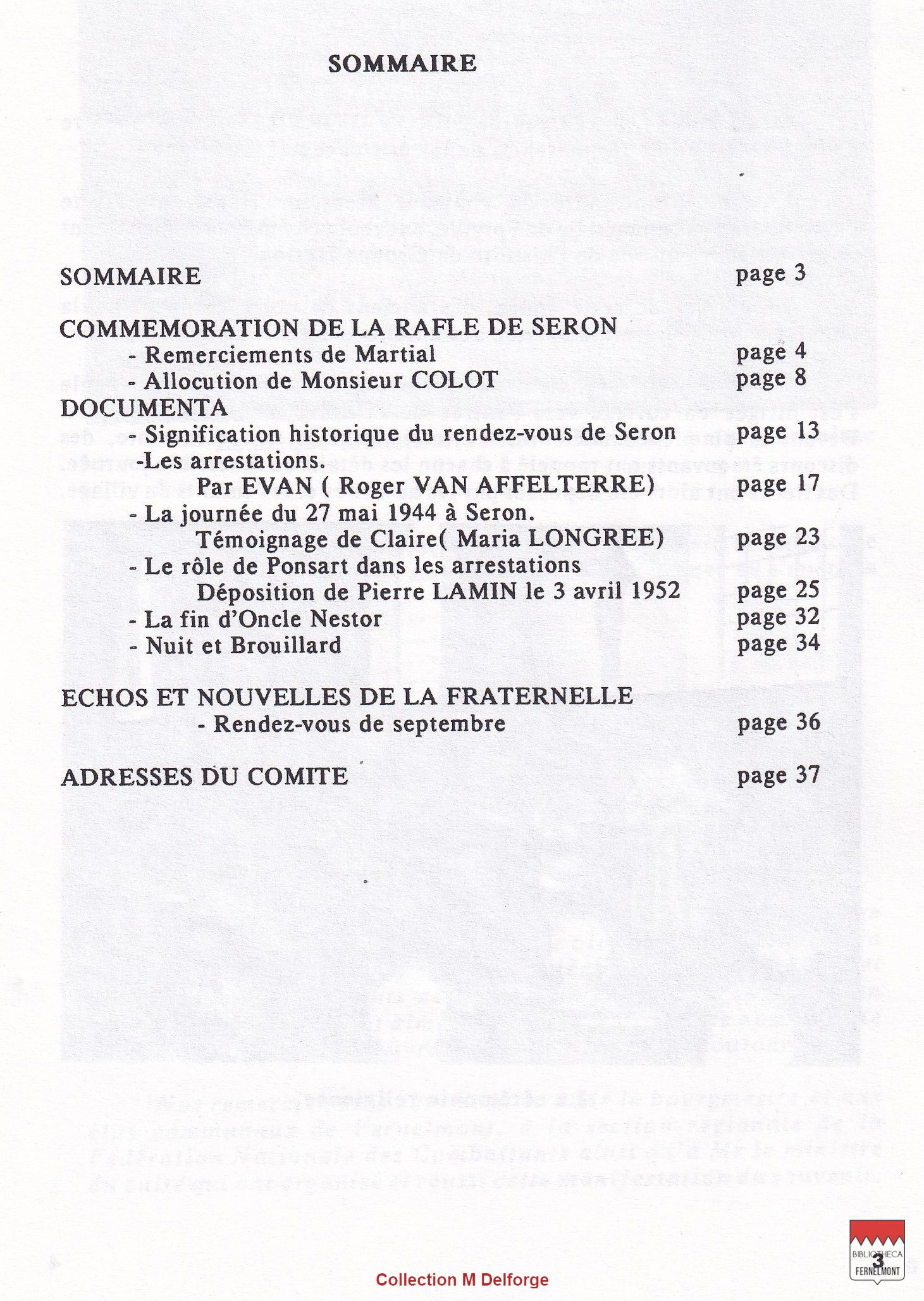 Commémoration de la rafle de Seron - Sommaire