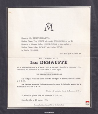 Iza Dehauffe - Faire-part mortuaire