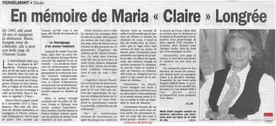Maria Longrée - En mémoire de Maria "Claire" Longrée